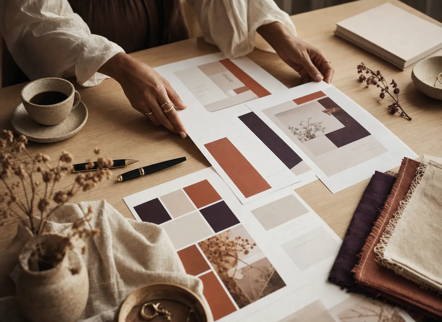 Website wireframes and a terracotta color palette being arranged in a warm design studio