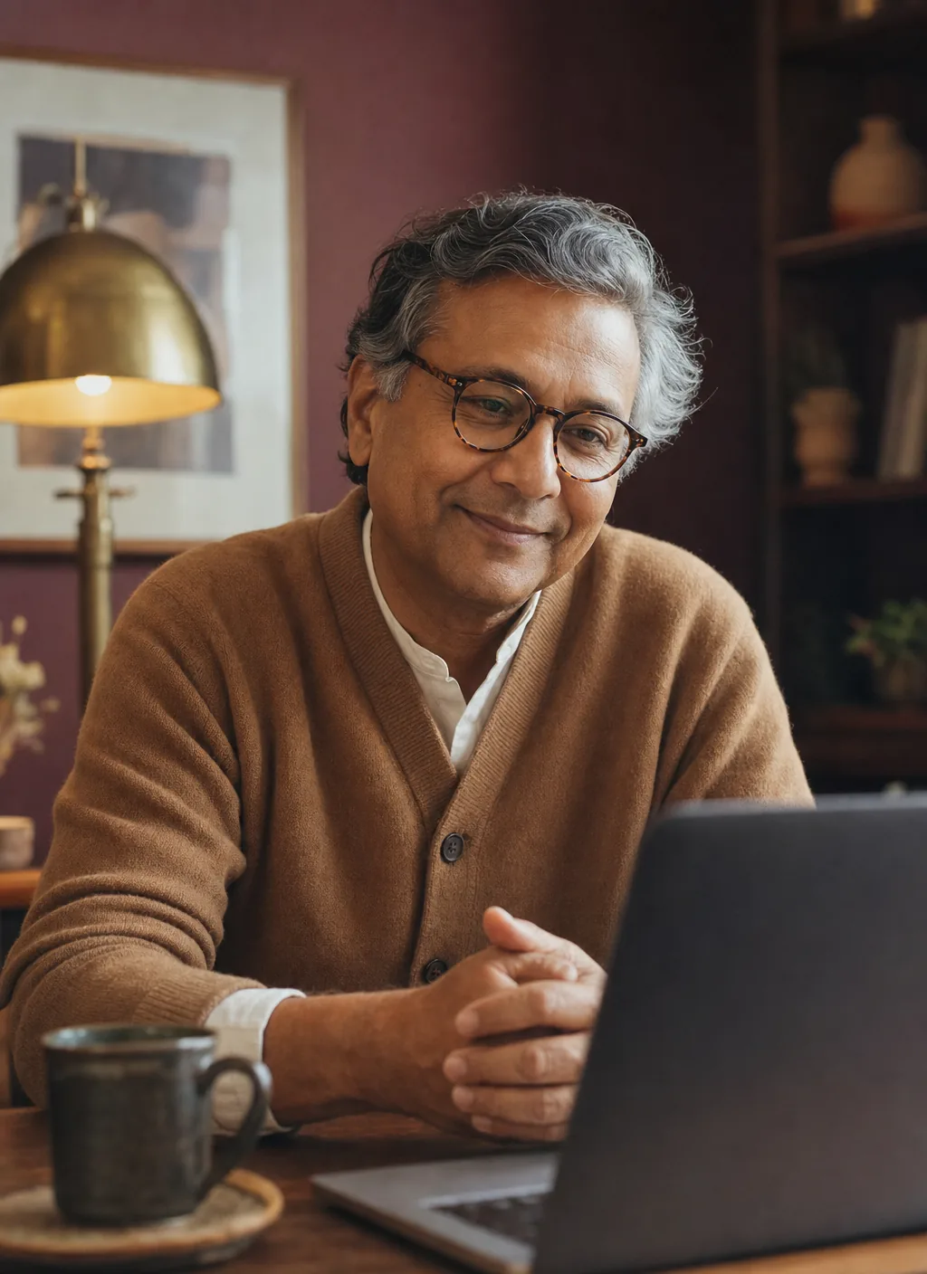 A coach listening with warmth and attention during a video conversation