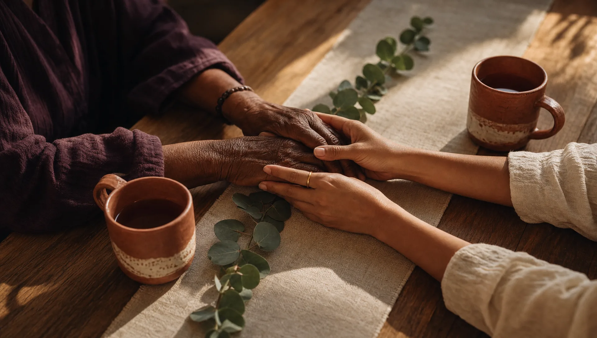 Two pairs of hands gently clasped across a warm wooden table