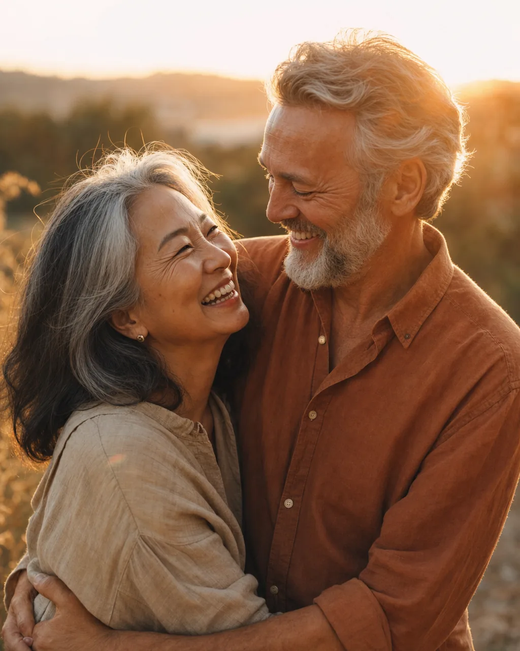 A couple embracing and laughing in warm golden-hour light