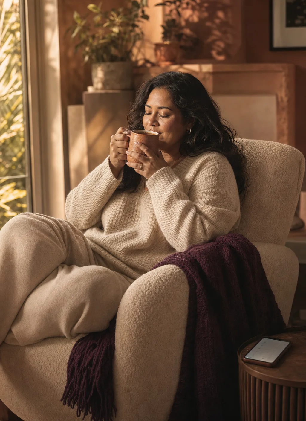 A coach relaxing with tea by a sunlit window while her calendar fills itself